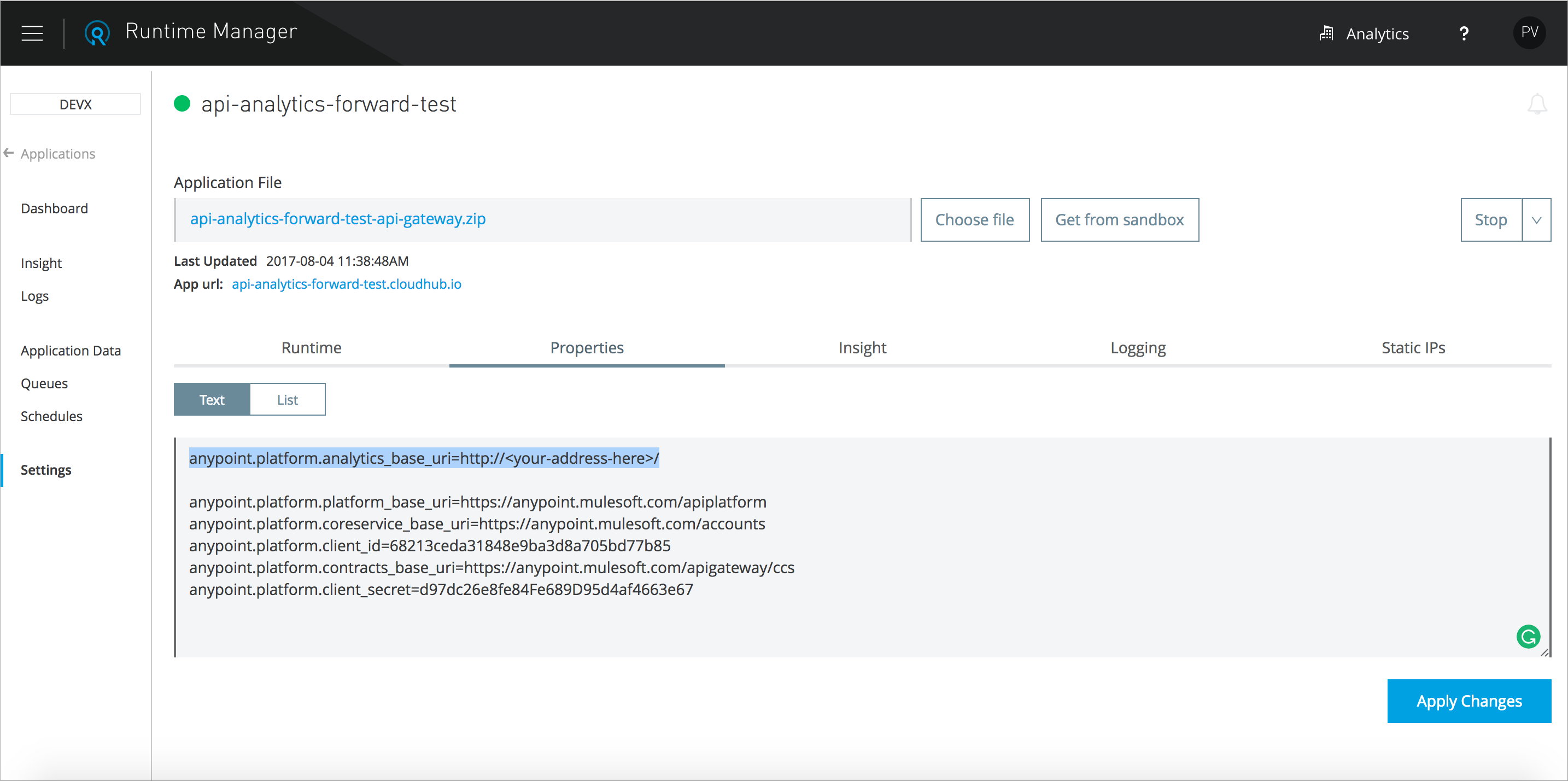 Analytics event forwarding configuration interface showing data export settings and destination options