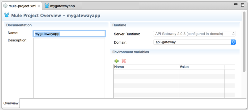 Mule project configuration showing API Gateway domain association settings