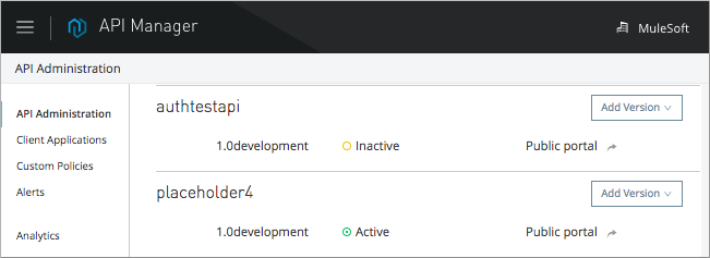 API version selection page with version designator highlighted