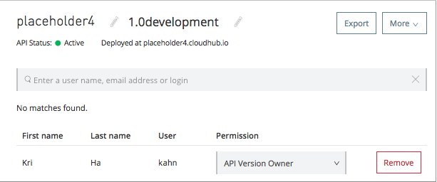List of users with API ownership permissions and Remove option