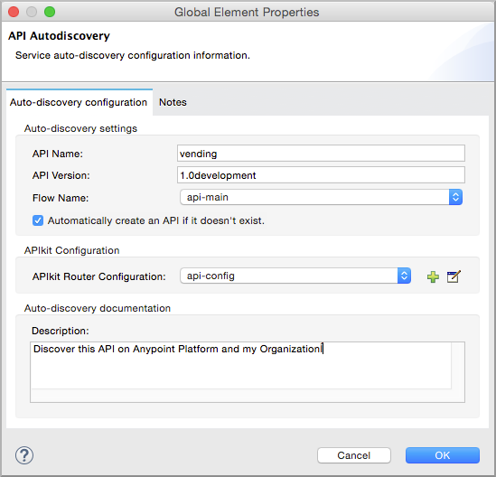 Autodiscovery configuration interface with runtime settings and connection options