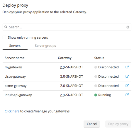 API Gateway deployment interface showing runtime selection and deployment status