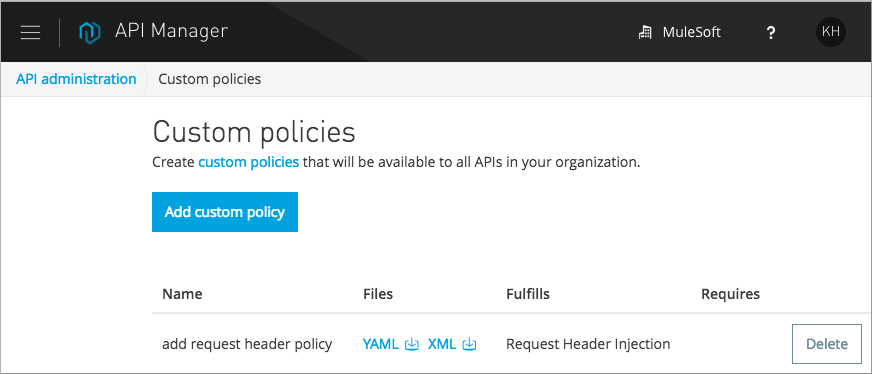 List of configured custom policies with header management settings